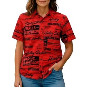 Harley Davidson Button Up Garage Camp Shirt Womens‎ S Red Orange Rayon Biker